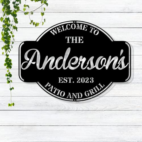 Personalized Backyard Patio Metal Sign/Outdoor Wall Decor/Metal Wall Decor/Patio Decor/Personalized Home Decor/Metal Wall Art/Gift (14in, Patio Sign, Silver)