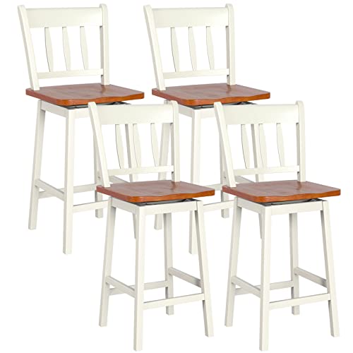 COSTWAY Bar Stools Set of 4, 24.5 Inch Solid Rubber Wood Bar Chairs with 360 ¡Swiveling, Footrest, Swivel Counter Height Barstools with Back Ideal for Kitchen Island, Counter, Pub(Set of 4, White)