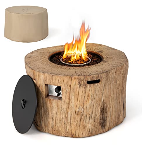 COSTWAY 40" Propane Gas Fire Pit Table, 2-in-1 Outdoor Round Fire Table W/Volcanic Rock & PVC Cover, 50,000 BTU Heat Output, Wood-Like Surface for Backyard, Poolside