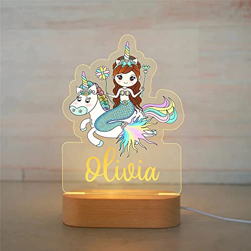 Personalized Night Light 3D Gift LED USB Lamp Acrylic Wood Base for Baby Kid Children Bedroom Décor - Unicorn 7