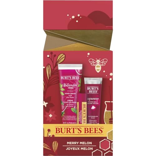 Burt's Bees Christmas Gifts, 3 Stocking Stuffers Products, Merry Melon Set - Watermelon Moisturizing Lip Balm, Watermelon Rush Squeezy Tinted Lip Stain+ Balm Duo & Watermelon Mint Hand Cream (3-Pack)