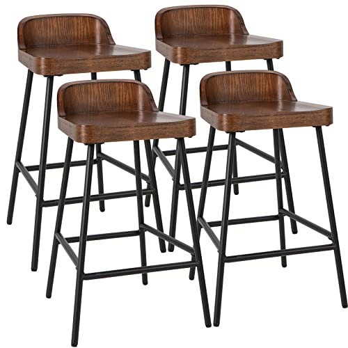 COSTWAY Bar Stools Set of 4, 24.5-Inch Height Industrial Pub Stool with Backrest and Footrest, Metal Legs, Low-Back Breakfast Counter Height Chairs for Living Room Kitchen Bar, Rustic Brown & Black