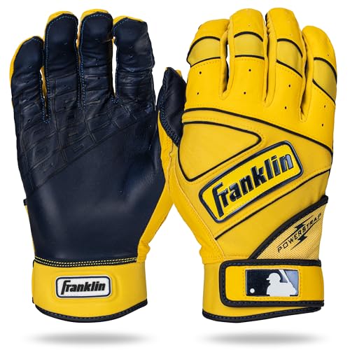 Franklin Sport MLB Baseball Batting Gloves - Powerstrap Adult + Youth Batting Gloves - Men's + Women's Baseball + Softball Batting Gloves - Boys + Girls Batting Gloves - Yellow + Navy - Adult Small
