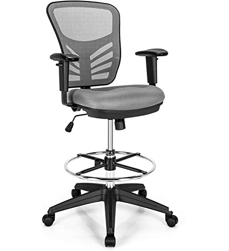 COSTWAY Ergonomic Drafting Chair, Mesh Back Tall Computer Office Chair w/Adjustable Footrest, Flip up Armrests, Height Adjustable Standing Desk Chair for Home Office, Grey