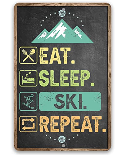 Ski Signs - Eat Sleep Ski - Ski Metal Sign - Chalkboard Style - Use Indoor/Outdoor - Great Ski Lodge Decor, Ski Condo Decor and Mountain Cabin Decor and Gift (8" x 12")