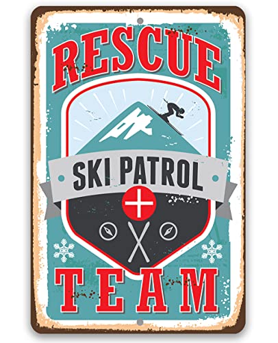 Ski Patrol Rescue Team - Rustic Style Emergency Response Unit Sign Great For Winter Sporting Events and Cabin and Lodge Decoration (8" x 12")