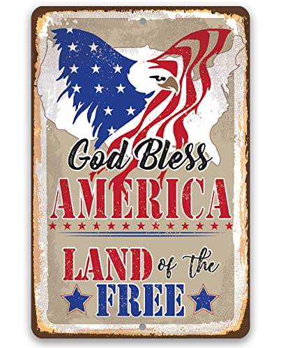 God Bless America, Land of the Free - Great Home and Office Patriotic Decoration, USA American Flag Eagle Free Sign, 4th of July Display and Christian Gift, 8x12 Indoor/Outdoor Durable Metal Sign