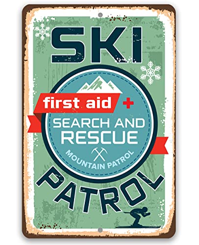 Ski Patrol First Aid Search and Rescue - Rustic Style Emergency Response Unit Metal Sign Great For Winter Sporting Events and Cabin and Lodge Decoration (8" x 12")