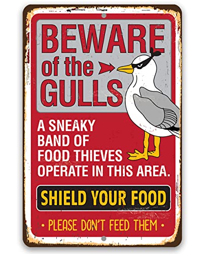 Beware of the Gulls - Great Beach and Lake House Decor, Seaside Restaurant Warning Sign, Seafront Outdoor Bar and Club Wall Art Accessories, 12x18 Indoor/Outdoor Durable Rustic Metal Sign