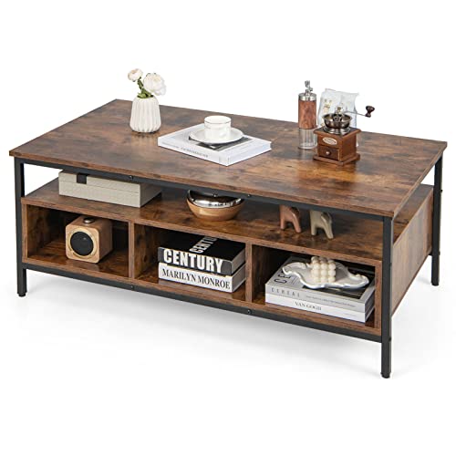 COSTWAY Industrial Coffee Table, 43Ó Wood Accent Tea Table with Open Shelf & 6 Storage Cubbies, Rectangle Center Table for Living Room, Reception Room, Bedroom