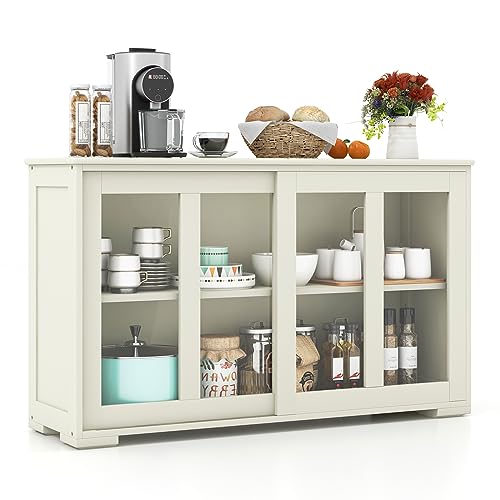 COSTWAY Buffet Sideboard with Storage, 2-Door Floor Cupboard with Sliding Tempered Glass Cabinet & Adjustable Shelf, Stackable Storage Cabinet for Kitchen, Entryway (White)