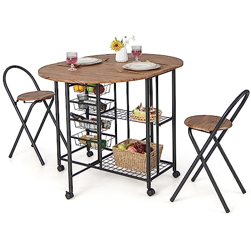 COSTWAY 3 Piece Dining Table & Chair Set, Versatile Collapsible Table with 2 Storage Shelves & 4 Pull-Out Baskets, Drop Leaf Table with 2 Folding Stools for Kitchen, Dining Room, Rustic Brown