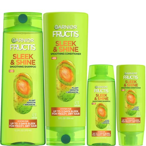 Garnier Fructis Sleek & Shine Full + Travel Size Shampoo (12.5 & 3 Fl Oz) + Conditioner (12 & 3 Fl Oz) Set for Frizzy, Dry Hair, Plant Keratin + Argan Oil (4 Items), 1 Kit (Packaging May Vary)