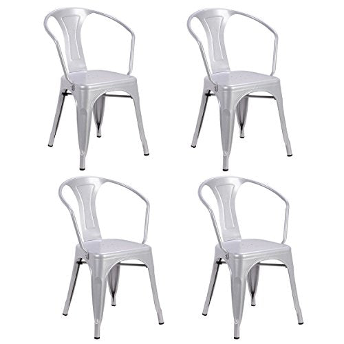 COSTWAY Tolix Style Dining Chairs Industrial Metal Stackable Cafe Chairs w/Curve Armrest Set of 4 (Silver)