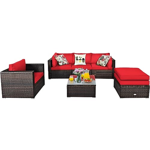 COSTWAY 6PCS Patio Rattan Furniture Set Cushion Sofa Coffee Table Ottoman Red