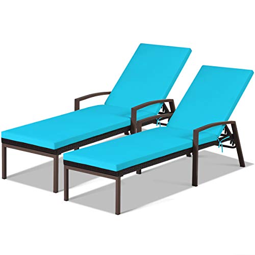 COSTWAY 2PCS Patio Rattan Lounge Chair Chaise Recliner Back Adjustable Cushion Turquoise