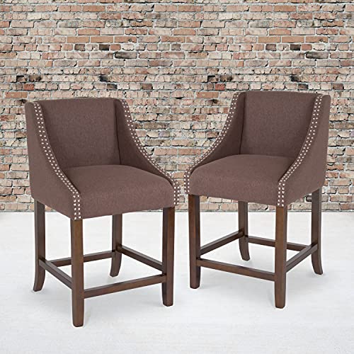 Flash Furniture Carmel Series 24" High Transitional Walnut Counter Height Stool with Nail Trim in Brown Fabric, Set of 2