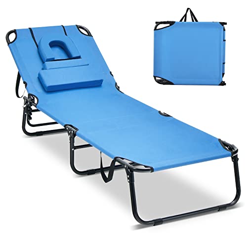 COSTWAY Beach Chaise Lounge Chair w/Face Hole Pillows & 5-Position Adjustable Backrest Blue