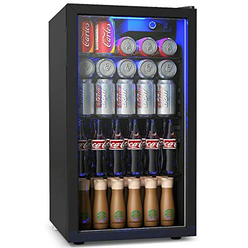 COSTWAY Beverage Refrigerator, 3.2 Cubic Foot Capacity, 120 Can Beverage Cooler with LED Light, Adjustable Thermostat, Removable Shelves, Perfect for Soda, Beer or Wine, Small Drink Dispenser Machine