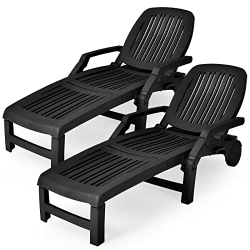 COSTWAY 2 PCS Lounge Chair Chaise Adjustable Recliner Weather Resistant Black