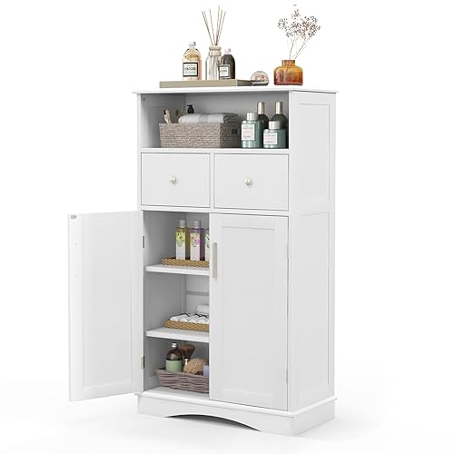 COSTWAY Bathroom Storage Cabinet, Double Door Floor Cabinet w/ 2 Drawers & Adjustable Shelves, Anti-Toppling Devices, Freestanding Storage Organizer for Bathroom, Living Room, Hallway, White