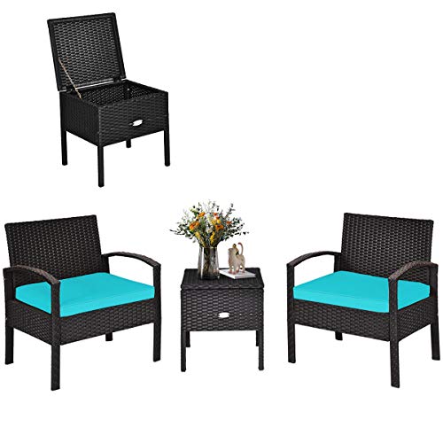 COSTWAY 3PCS Patio Rattan Furniture Set Storage Table Cushioned Sofa Turquoise