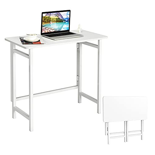 COSTWAY Folding Computer Desk, Simple Modern Writing Desk for Small Space, Space Saving Compact PC Laptop Study Workstation for Home Office, Easy Assembly, White