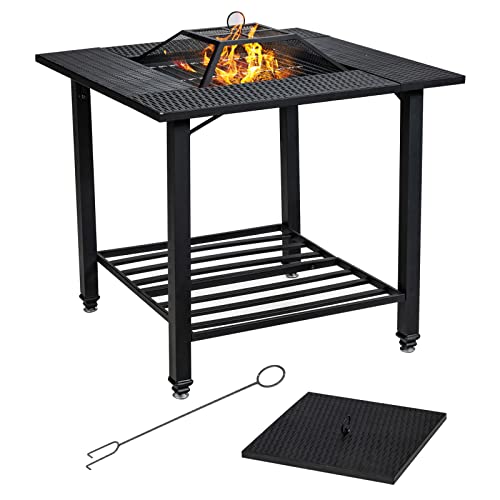 COSTWAY Outdoor Fire Pit Dining Table, Square Wood Burning Fire Bowl with Mesh Cover, Removable Lid, Cooking Grate, Log Grate and Fire Poker, Fire Pit Table for Balcony, Garden