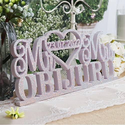 HZGUEOSTB Mr and Mrs Sign for Wedding Table Decorations,Personalized Wedding Signs for Ceremony and Reception,Customized Wedding Date And Last Name,Anniversary Party Valentine's Day Decor (Silver)