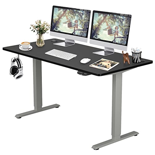 COSTWAY Dual Motor Electric Stand Up Desk, Height Adjustable Standing Desk w/Solid One-Piece Desktop & Memory Controller, Home Office Sit-to-Stand Computer Workstation (Gray + Black, 55''X28'')