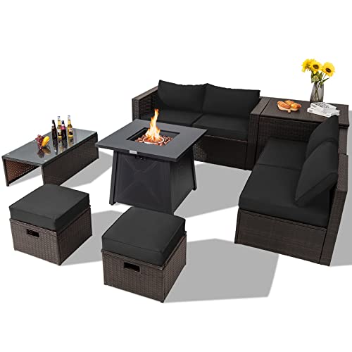 COSTWAY 9PCS Patio Rattan Furniture Set Space Saving 30" Fire Pit Table Black Cover