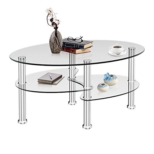 COSTWAY Glass Coffee Table, 3-Tier Sofa Side Table with Metal Tube Legs and Open Shelves, Modern Oval Coffee End Table for Living Room Office (Transparent)