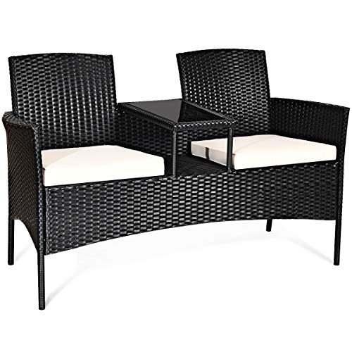 COSTWAY Patio Rattan Conversation Set Seat Sofa Cushioned Loveseat Glass Table Chairs