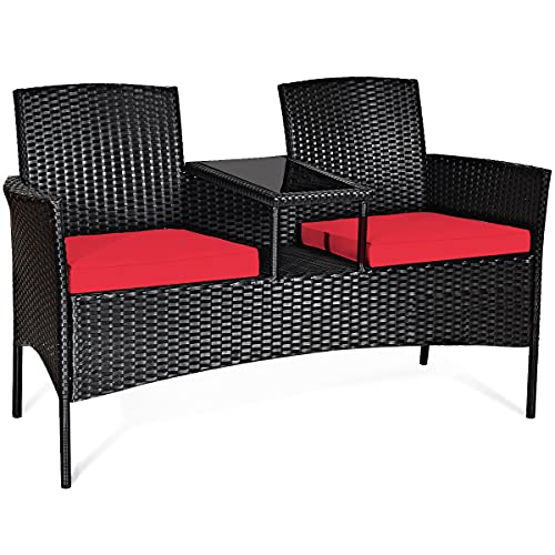 COSTWAY Patio Rattan Conversation Set Seat Sofa Cushioned Loveseat Glass Table Chair Red