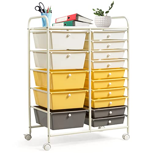 COSTWAY 15 Drawer Rolling Storage Cart, Multipurpose Mobile Storage Organizer w/Removable Drawers & Metal Frame, Utility Tools Paper Organizer on Wheels for Home, Office (Yellow, Beige & Grey)