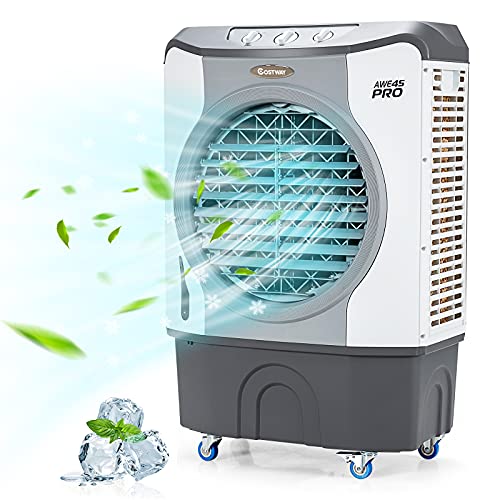 COSTWAY Evaporative Air Cooler, 4-in-1 9740 CFM Swamp Cooler with 100¡Oscillation, 210W Cooling Fan, 3 Speeds &3 Modes Cools up to 1800 Sq. ft, AC Unit with 4 Universal Casters for Indoor & Outdoor, 45L