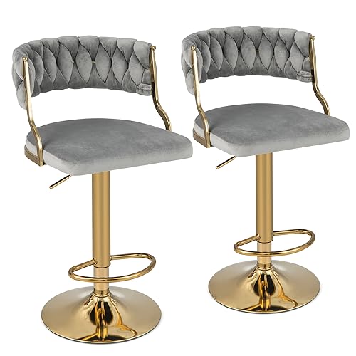 COSTWAY Velvet Adjustable Bar Stools Set of 2, Max Load 400 Lbs, Modern Upholstered Swivel Barstools with Woven Back, Footrests, Adjustable Height Bar Chairs for Kitchen Island Cafe Pub, Grey+Gold