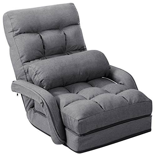 COSTWAY Adjustable Floor Chair, Folding Lazy Sofa Chair with 5 Positions, Detachable Seat Cushion, Indoor Chaise Lounge Sofa Bed for Living Room, Bedroom, Office (Grey)