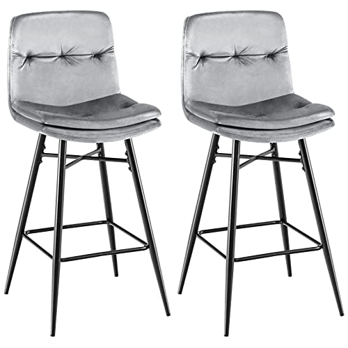 COSTWAY Bar Stools Set of 2, 28.5Ó Velvet Bar Height Chairs with Tufted Back, Metal Footrests and Legs, Modern Upholstered High Bar Chairs for Kitchen Counter, Home Bar, Kitchen Island (2, Grey)