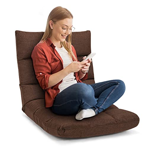 COSTWAY Floor Chair, Folding Gaming Chair with Back Support, 14 Adjustable Positions, Alloy Steel Frame, Lazy Sofa Lounge for Playing Reading Meditating Room Recliner for Adults, Kids (Brown)