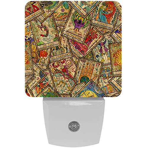 2 Pack Plug-in Nightlight LED Night Light Old Colorful Tarot Cards in Chaotic Layout, Dusk-to-Dawn Sensor for Kid's Room Bathroom, Nursery, Kitchen, Hallway