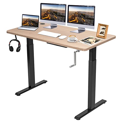 COSTWAY Crank Height Adjustable Standing Desk, with Folding Crank, Headphone Hook & Cable Tray, 48 Inch Stand up Computer Workstation w/Solid One-Piece 1" Table Top for Home & Office (Black +Maple)