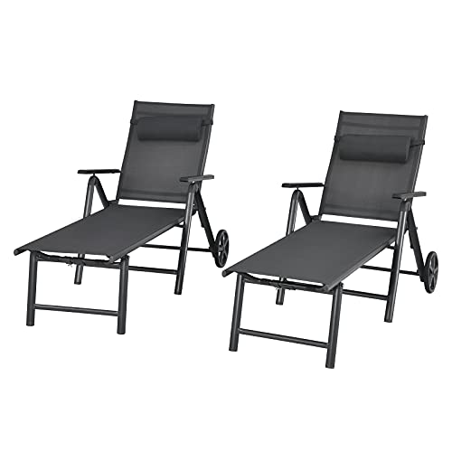 COSTWAY 2PCS Patio Lounge Chair W/Wheels Neck Pillow Aluminum Frame Adjustable