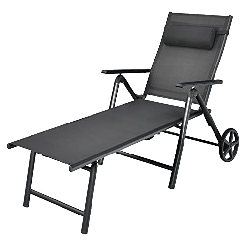 COSTWAY Patio Lounge Chair W/Wheels Neck Pillow Aluminum Frame Adjustable