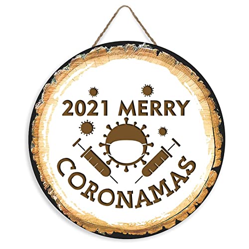 Seasonal Welcome Sign Front Door Decoration, 2021 Merry Coronamas Wooden Sign Rustic Round Wood Wall Hanging Outdoor Sign, Farmhouse, Porch Holiday Christmas Decor Sign 12 Inch