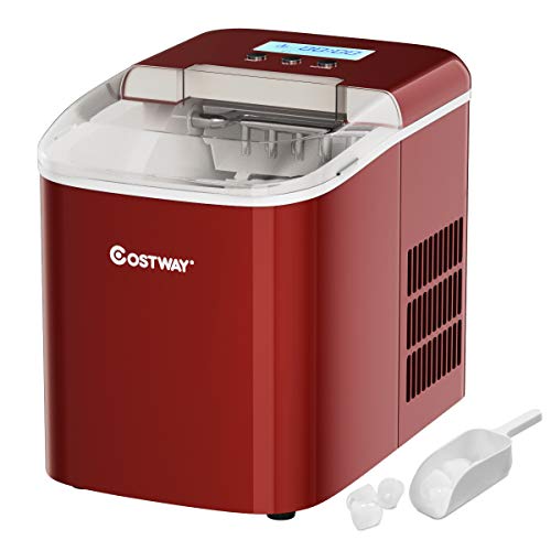 COSTWAY Countertop Ice Maker, 26LBS/24H with Self-Clean Function, LCD Display, 9 Bullet Ice / 7 Mins, Portable and Compact Ice Machine with Ice Scoop, for Homes, Offices, Restaurants, Bars, Red