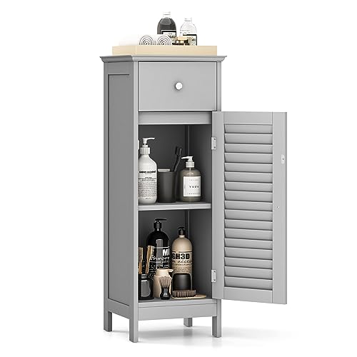 COSTWAY Bathroom Storage Cabinet, Single Shutter Door Slim Floor Cabinet w/ 1 Drawer & Adjustable Shelf, Freestanding Narrow Side Storage Cabinet for Bedroom Living Room Hallway (Grey)