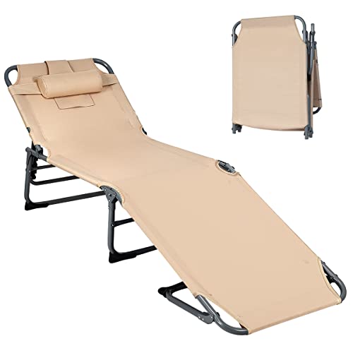 COSTWAY Folding Chaise Lounge Chair Bed Adjustable Beach Patio Camping Recliner Beige