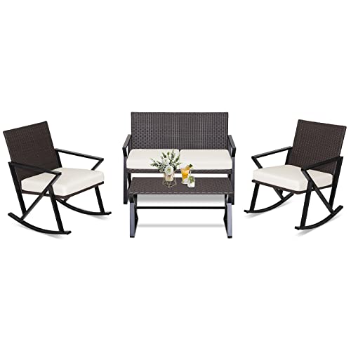 COSTWAY 4PCS Patio Rattan Wicker Rocking Chairs Loveseat Table Rocker Set Cushions Porch