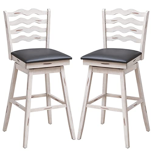 COSTWAY Bar Stools Set of 2, 29Ó 360¡ Swivel Bar Height Chairs with Rubber Wood Frame, Cushioned Seat, Ergonomic Backrest & Footrest, Wooden Upholstered Barstools for Kitchen Island (2, 29Ó)